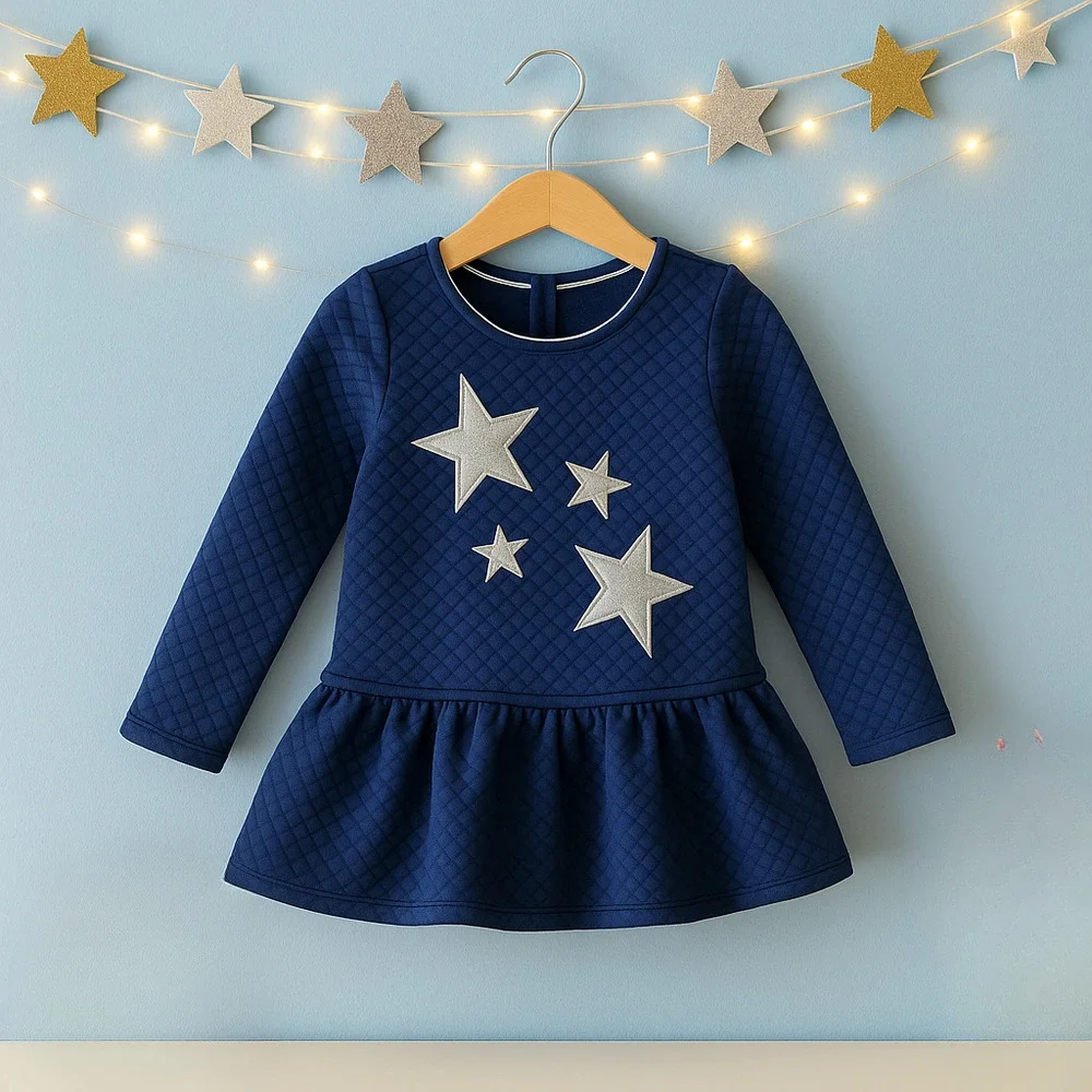 ✨ Nannette Kids Blue Quilted Dress Sparkly Silver Stars Drop Waist Girls Size 6